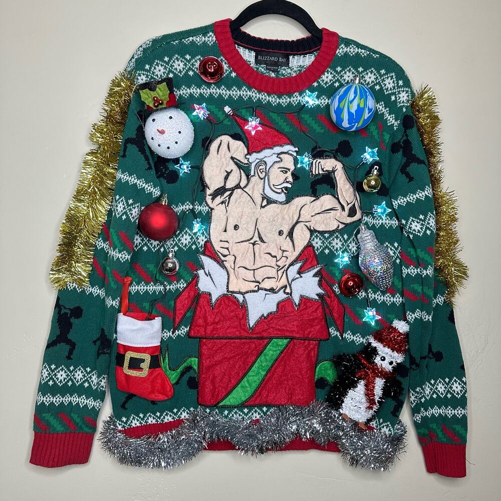 Ugly Christmas Sweater Muscle Santa LIGHTS UP Tinsel Xmas Party Winner Small